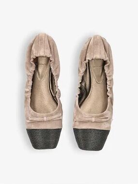 Brunello Cucinelli Suede Ballerina Flats Tan Cap Toe Beaded Bow EU38 US8 New 🟡